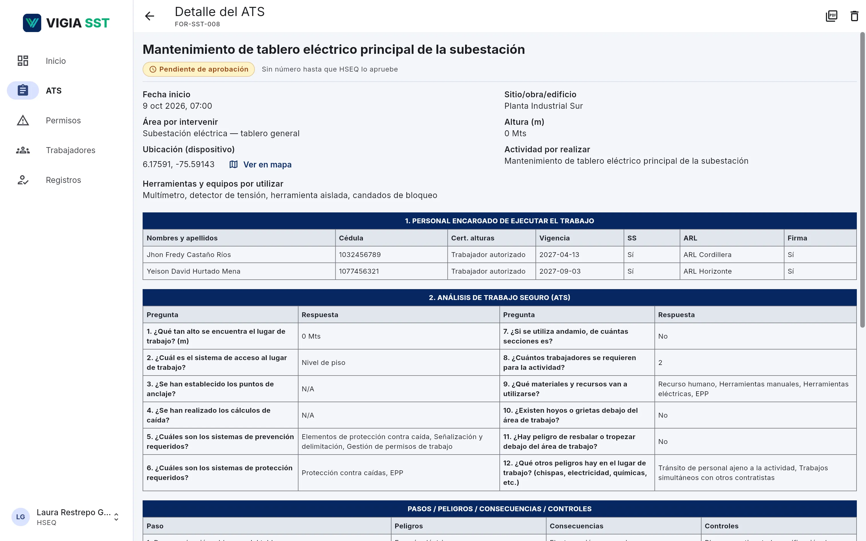 Detalle de un ATS pendiente de aprobación con la tabla del personal, su certificado, vigencia, ARL y firma, en el computador