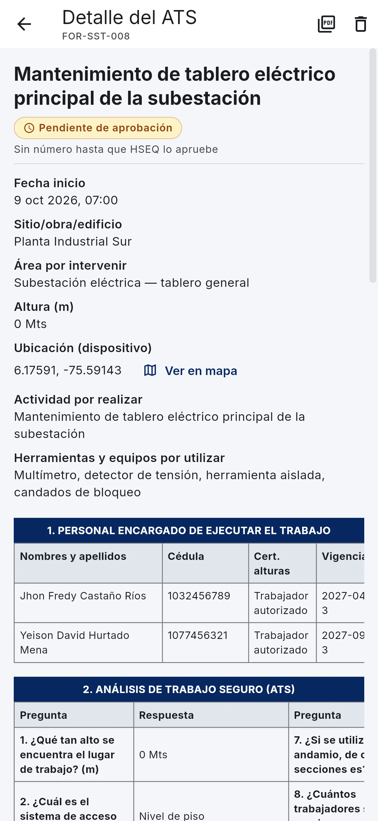 Detalle de un ATS pendiente de aprobación con la tabla del personal, su certificado, vigencia, ARL y firma, en el celular
