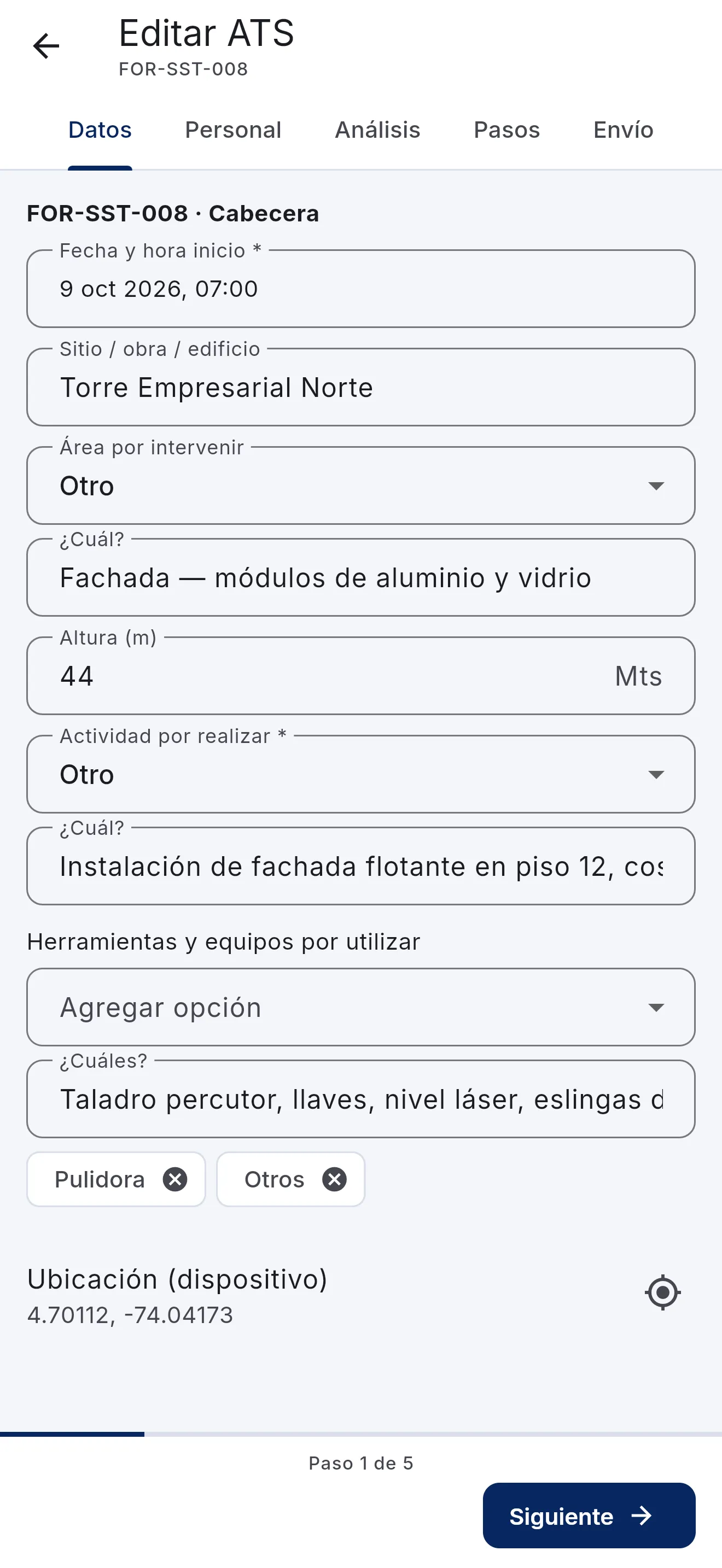 Formulario de edición de un Análisis de Trabajo Seguro en VIGIA SST, paso de datos de cabecera, en el celular