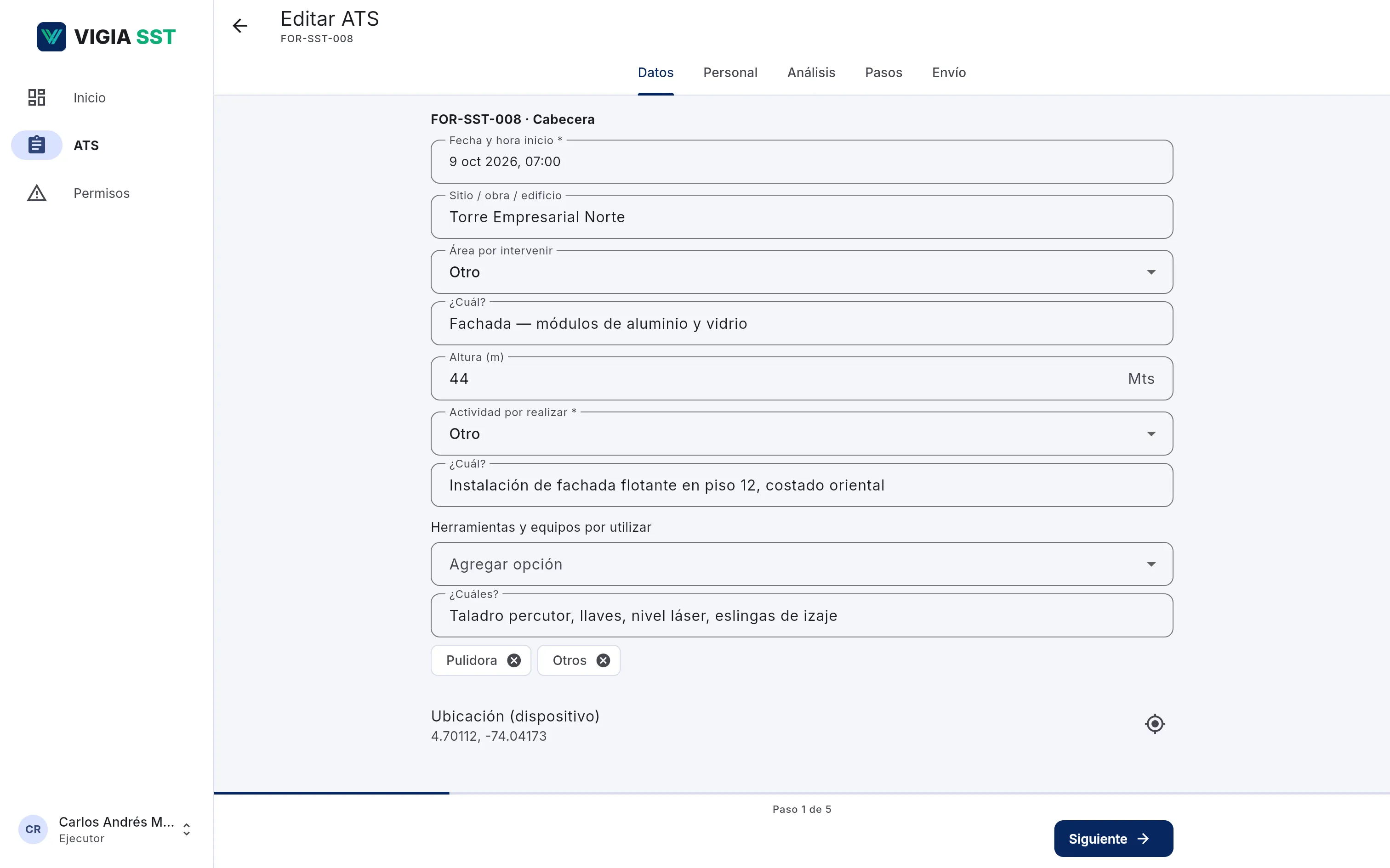 Formulario de edición de un Análisis de Trabajo Seguro en VIGIA SST, paso de datos de cabecera, en el computador