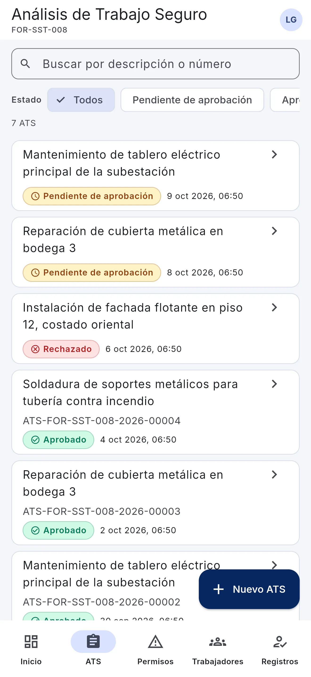 Listado de Análisis de Trabajo Seguro con números oficiales y estados aprobado, pendiente y rechazado, en el celular
