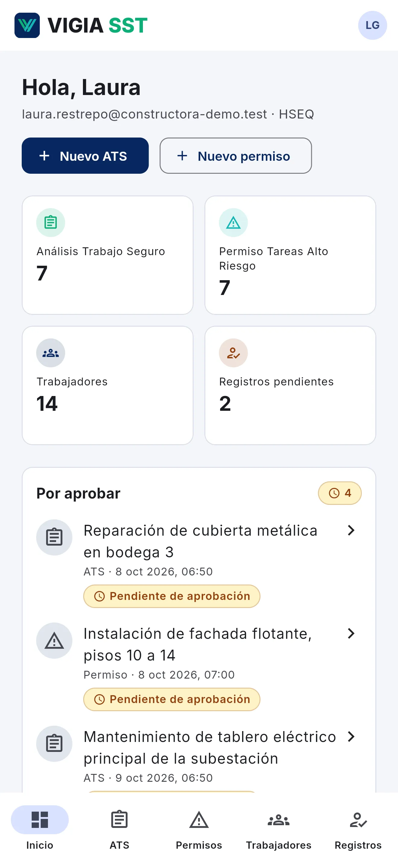 Panel de inicio del HSEQ en VIGIA SST con la bandeja de documentos por aprobar, en el celular