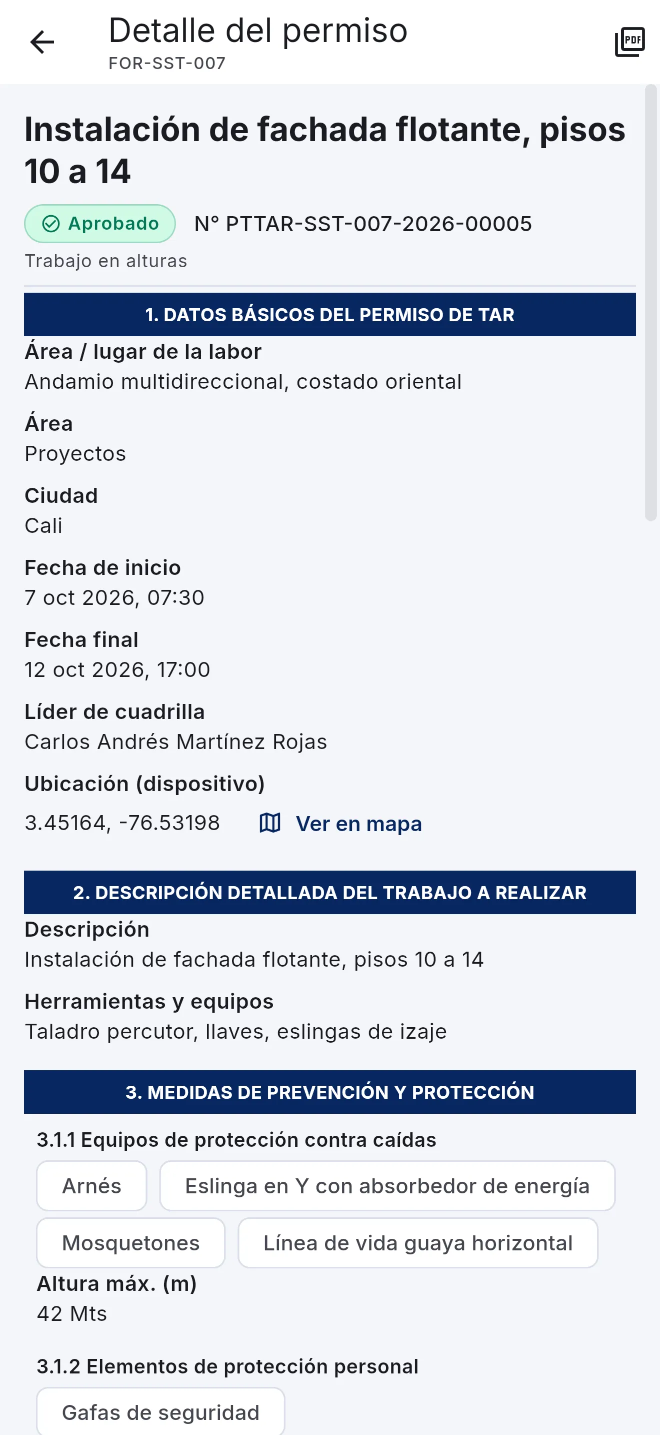 Detalle de un permiso de trabajo en alturas aprobado con número oficial y medidas de prevención, en el celular
