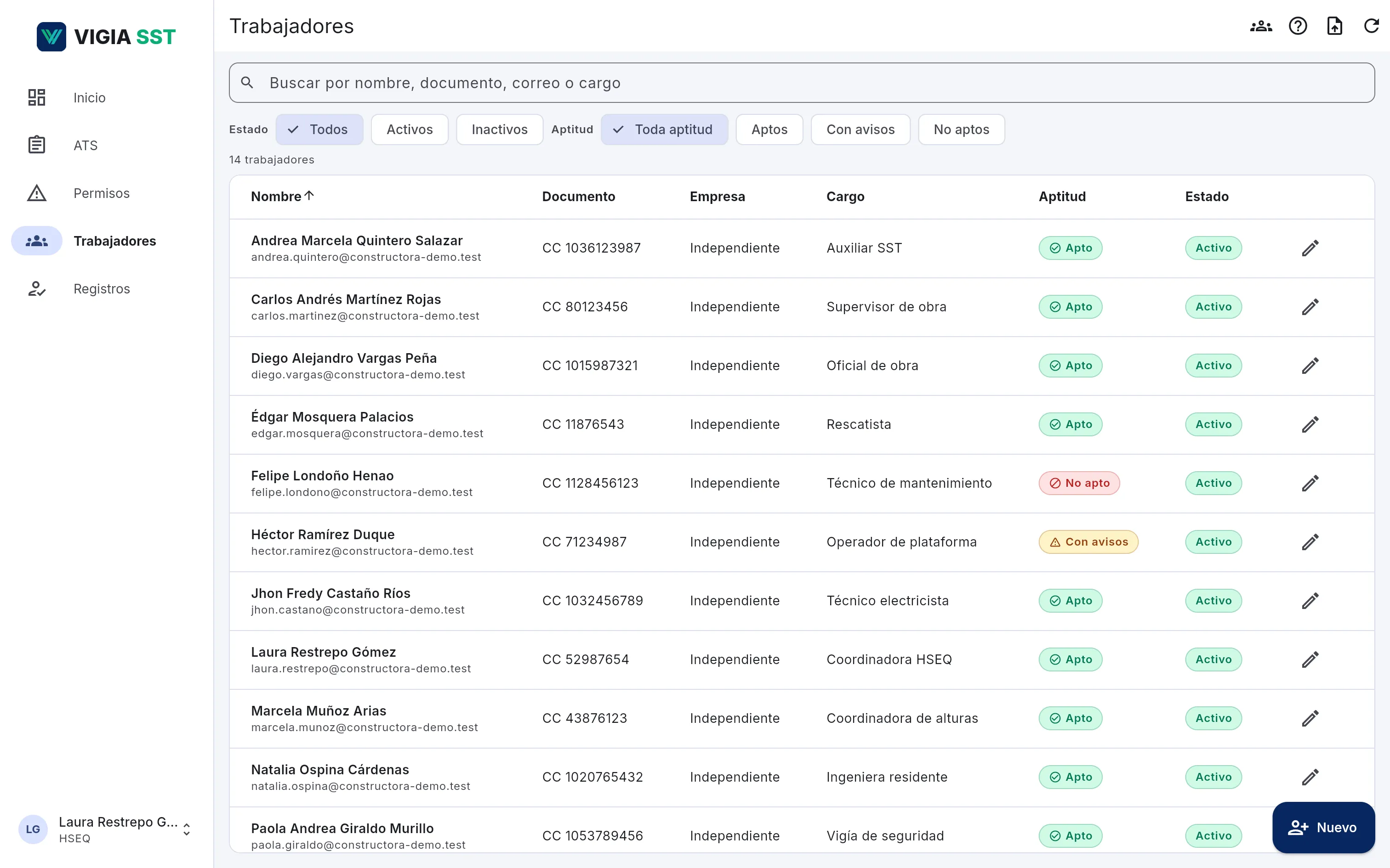 Tabla de trabajadores con documento, empresa, cargo, aptitud y estado, en el computador